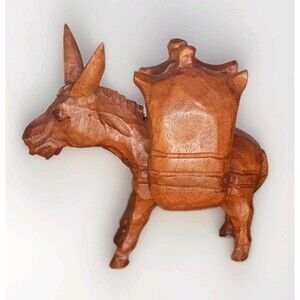 VTG Hand Carved Wood DONKEY Burro Figurine Toothpick Holder Mexico JP Signed 4.5
